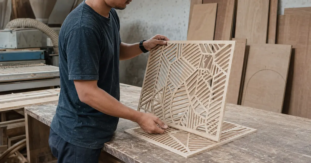 Operator mengerjakan panel plywood untuk CNC router vs laser cutting kayu